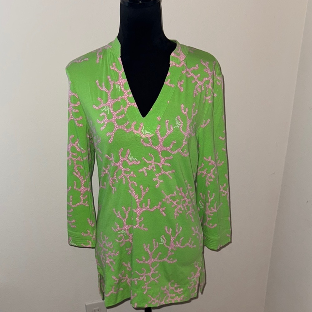 Lilly Pulitzer Joy green pink beach print cotton knit tunic top Sz XS